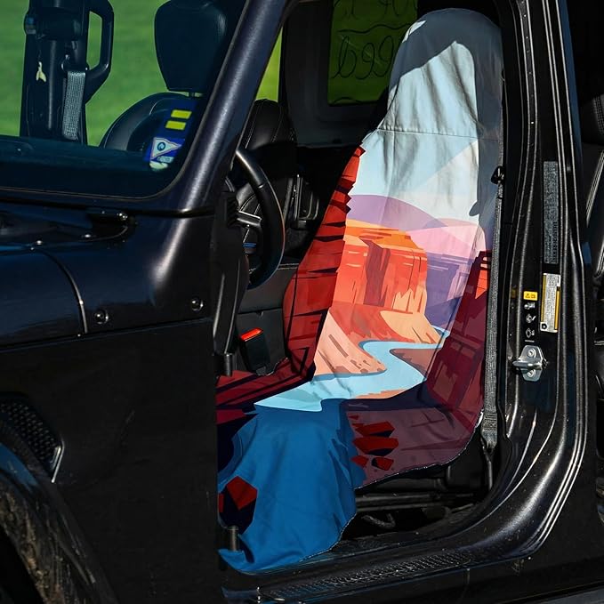2 Pack Car Seat Towel Covers, Sweat Protector for Front Seats, Premium Thickened Microfiber with The Grand Canyon, Breathable & Quick Dry, Slip-on Headrest Pocket for Gym Running Beach Universal Fit