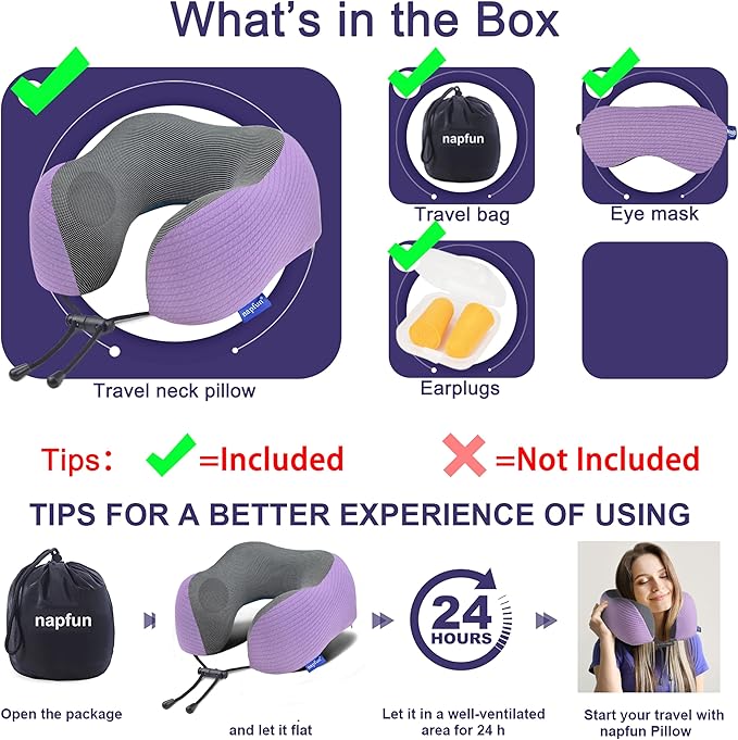 napfun Neck Pillow for Traveling, Upgraded Travel Neck Pillow for Airplane 100% Pure Memory Foam Travel Pillow for Flight Headrest Sleep, Portable Plane Accessories, Light Purple Striped Kit