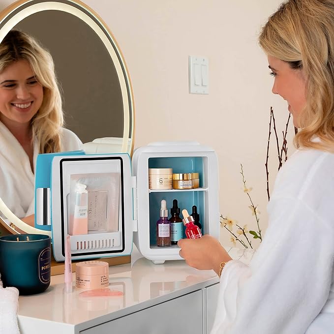 Cooluli Mini Fridge for Bedroom - Car, Office Desk & Dorm Room - Portable 4L/6 Can Electric Plug In Cooler & Warmer for Food, Drinks, Skincare Beauty & Makeup - 12v AC/DC & Exclusive USB Option, Blue