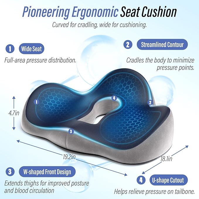 Car Seat Cushion for Long Driving, Ergonomic Memory Foam Seat Cushion for Pressure Relief, Medical Grade Chair Cushion for Office/Wheelchair (Navy Blue)