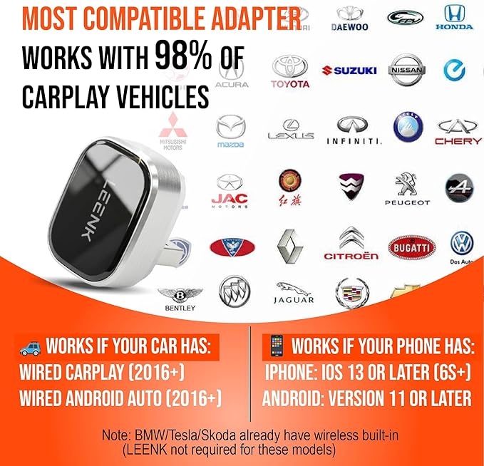 LEENK Wireless CarPlay & Android Auto Adapter [2025 Upgrade], Aero-Aluminum Body & 2.5D Glass | Sleek Plug & Play | Dual-Band 5GHz | 98% Compatibility with Wired CarPlay & Android Auto (Black)