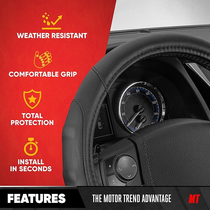 Motor Trend GripDrive Faux Black Leather Steering Wheel Cover for Car Truck Van SUV, Small 14 inch Size, Solid Black Stitched Car Steering Wheel Cover Vehicle & Auto Accessories