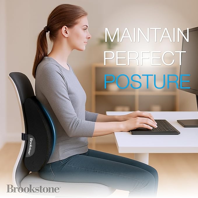 Brookstone BK1209 - Luxurious Lumbar Support Pillow for Car or Office Chair, Back Cushion with Premium Grade Memory Foam, Breathable and Washable Cover, Adjustable Strap