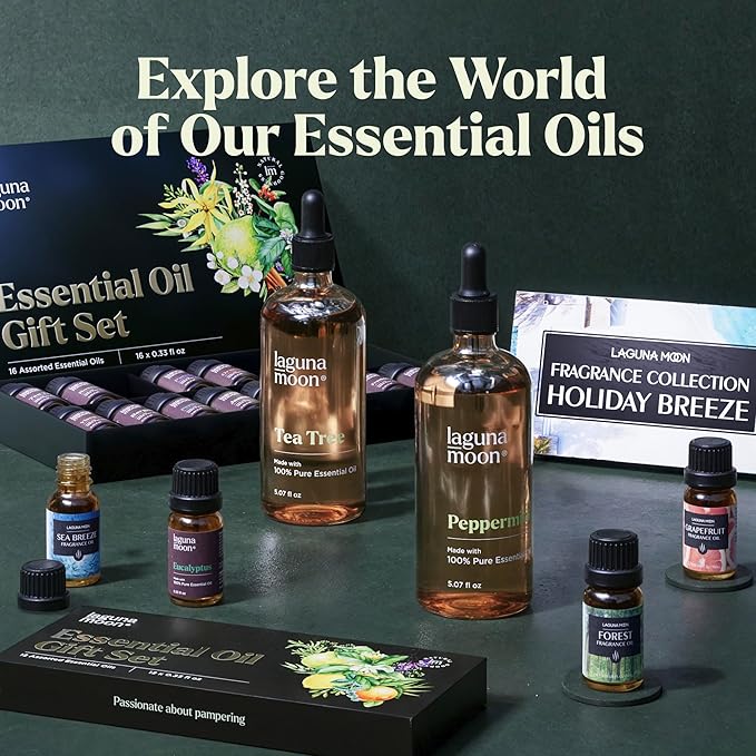 Lagunamoon Essential Oils Aromatherapy Set - 6 Oils for Diffusers, Home Care, Candle Making Scents, Fragrance, Humidifiers, Gifts - Peppermint, Tea Tree, Lavender, Eucalyptus, Orange (10mL)