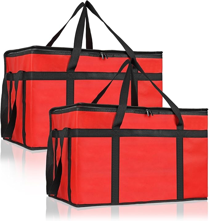 PEASUG 2Pcs Insulated Bags for Food Delivery, XXXL Pizza Delivery Bags, Large Capacity Cooler Bag Keep Food Warm for Grocery Shopping and Catering, Foldable, Heavy-Duty (Red)