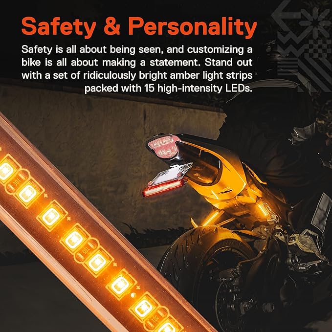 True Mods 2pc 5" Amber LED Motorcycle Running & Turn Signal Tail Light Strip Kit [Waterproof] [Single Row] [50% DRL] [100% Blinker] Self Adhesive Surface Mount Flexible Front Fork Lamp for ATV Bike