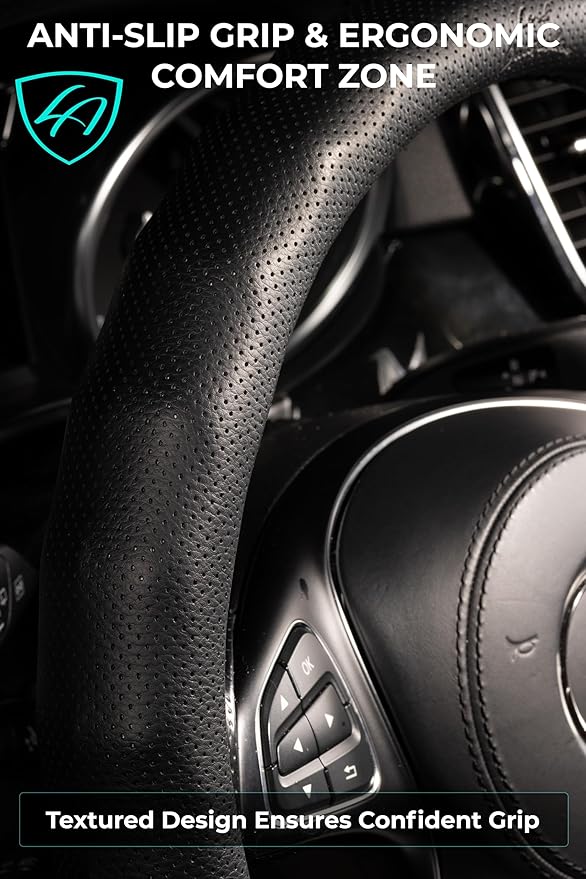 Lord Autofashion Steering Wheel Cover – PU Leather, Non-Slip Rubber Inner, All-Season Comfort – 14.5–15 Inch (Black 8571)