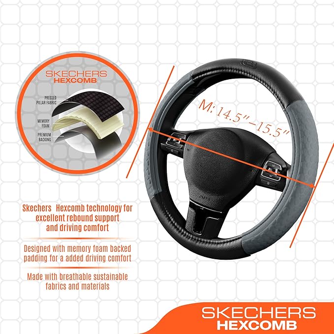 Skechers Steering Wheel Cover,Leather Steering Wheel Cover Hexcomb Design Embedded TPE Steering Wheel Universal Fit 14" 1/2-15" Car Wheel Protector for Men Women Fit Suvs,Vans,Sedans,Car,Trucks,Grey