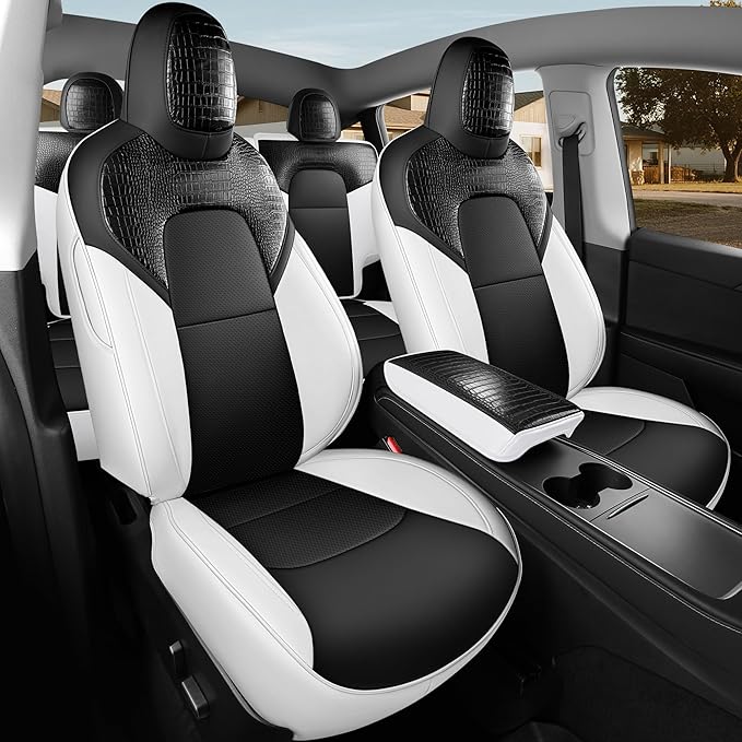 for Tesla Model Y Seat Cover Customized Fit 2020 2021 2022 2023 2024 Black Crocodile Leather and Nappa Leather Splicing Seat Cover Full Set (Crocodile Black)