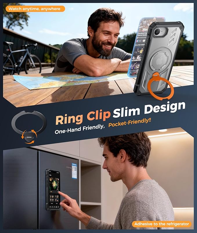 FNTCASE for iPhone 17e Phone Case: for iPhone 16e Case with [360 Spin Magnetic Ring Kickstand] [Compatible for MagSafe] [Screen Protector] Heavy Duty Military Grade Protection Case Translucent Orange