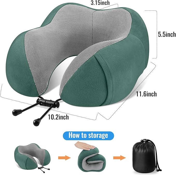 CloudBliss Travel Pillow Premium Memory Foam, Comfortable & Supportive Neck Pillow, Sleeping Neck Pillows for Travel, Airplane Pillow for Sleeping Airplane, Car, Office and Home（Green）
