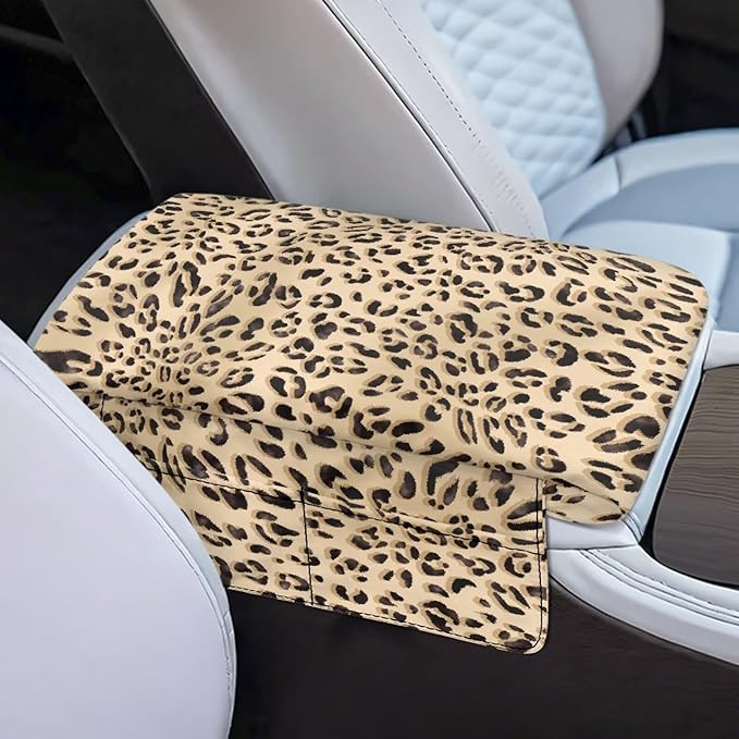 Car Center Console Cover, Leopard Print Soft and Comfortable Car Armrest Box Pad with 4 Storage Bags, Non-Slip Car Interior Accessories Arm Rest Cushion for Car Truck SUV Van