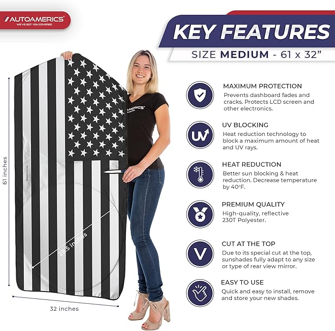 Autoamerics 1-Piece Windshield Sun Shade B&W American Flag USA Patriotic Design - Foldable Car Front Window Sunshade for Most Sedans SUV Truck - Blocks Max UV Rays and Keeps Your Vehicle Cool - Medium
