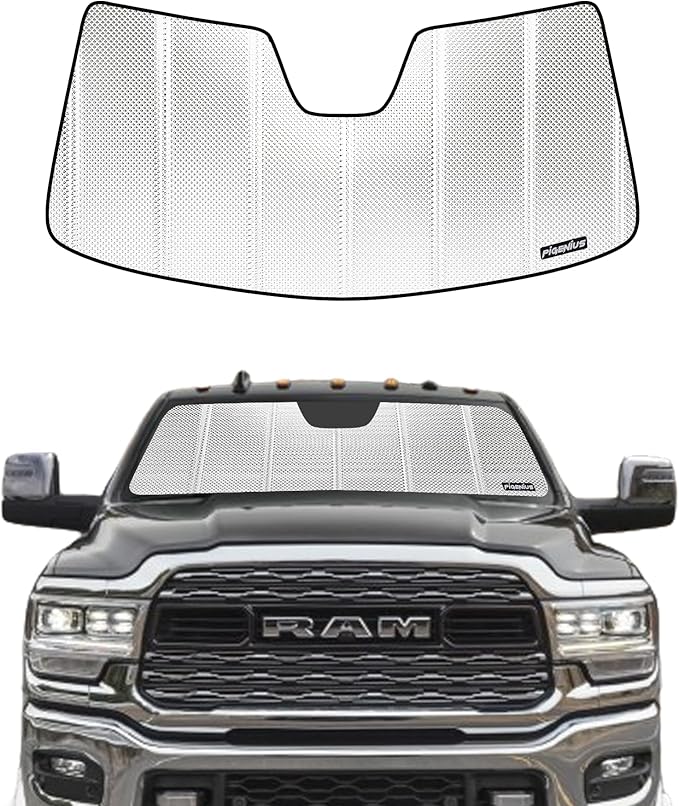 Windshield Sun Shade for Ram 2500/3500 2019-2025 with 5 Inch Wide Sensor. Reflective Aluminum Film Front Window Sunshade - BLAZBLOCK
