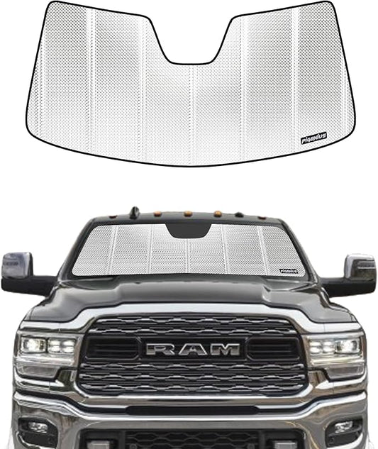 Windshield Sun Shade for Ram 2500/3500 2019-2025 with 5 Inch Wide Sensor. Reflective Aluminum Film Front Window Sunshade - BLAZBLOCK