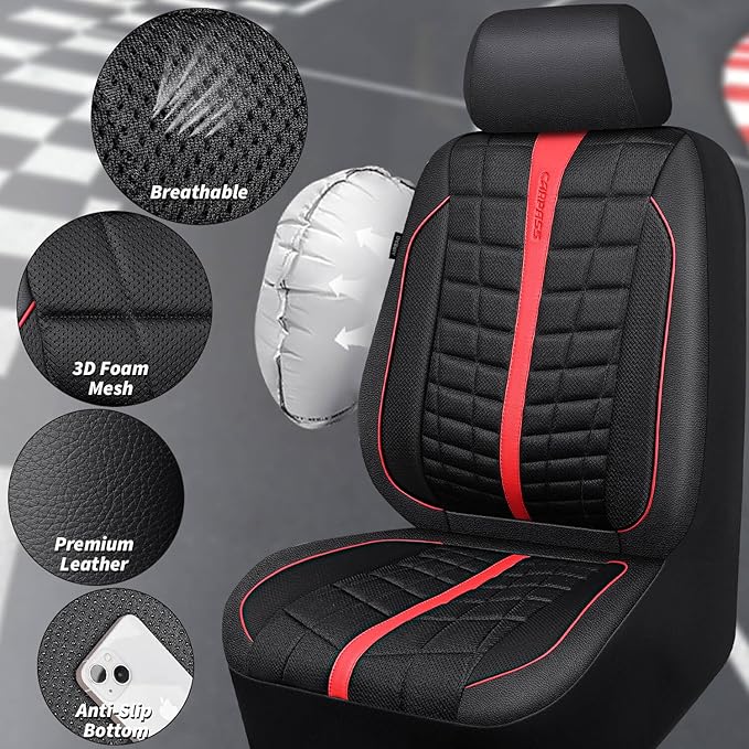 CAR PASS Leather Air Mesh Seat Covers for Cars, 3D Foam Leather Car Seat Cover Front Seats, Breathable Premium Mesh Leather Front Seat Covers, Universal Fit for Cars,Trucks,Sedan,SUV, Black Red