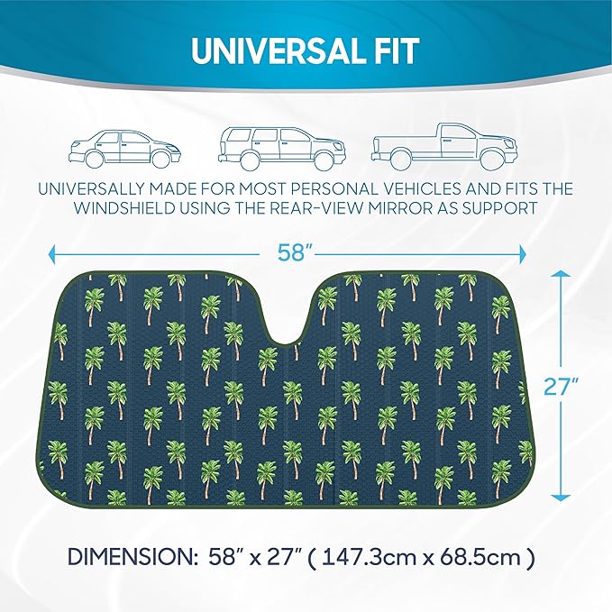 BDK Cali Palm Trees Front Windshield Sunshade Accordion Folding Style Auto Shade for Car Truck SUV Van Blocks UV Rays Sun Visor Protector Easy Setup Keeps Your Vehicle Cool - 58 x 27 inches