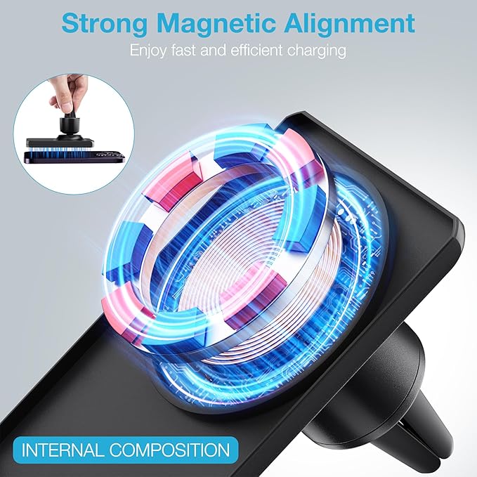 MagSafe Car Charger Mount 7.5W Magnetic Wireless Car Vent Holder for iPhone 15/14/13/12 Series, Strong Grip, 360° Rotatable, Safety Protected, Black