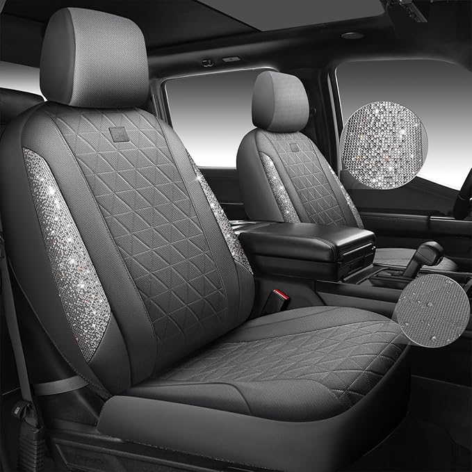CAR PASS Gray Oxford Bling Diamond Car Seat Covers Full Set Interior Sets, Waterproof Shining Glitter Sparkly Crystal Universal Armrest Fit 95% Automotive Truck SUV Cute Women Girl, Gray Rhinestone