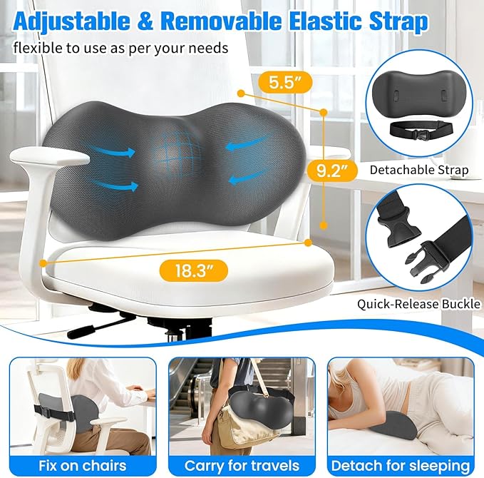 Lumbar Support Pillow for Office Chair - Memory Foam Lumbar Pillow with Detachable Strap & Breathable Cover, Ergonomic Back Support for Office Chair, Car, Bed Rest (Grey)