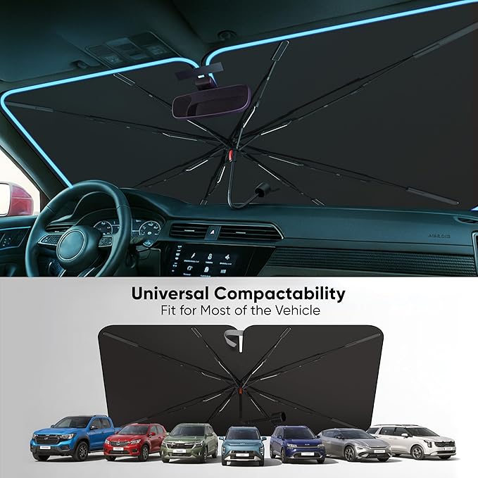 [2025 Upgraded] Econour Premium Windshield Umbrella Sun Shade | Foldable Car Window Shade for Front Windshield | Sun Blocker Visor Extender | Heat Protection for Sedans, SUVs, Trucks | Medium 57"x33"
