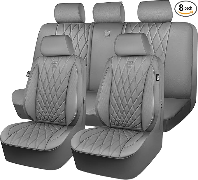 CAR PASS Piping Luxury Leather Seat Covers Full Set,5 Seats Anti-Slip Waterproof Seat Covers Compatible with Front Armrests,Universal Fit for Sendans, Suvs,Vans,Trucks,Airbag Compatible,Pure Gray