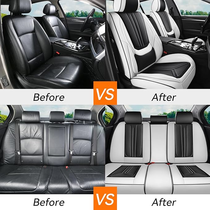 Car Seat Covers, Premium Leather Car Seat Covers, Waterproof and Breathable Seat Covers, Universal Car Seat Protector Fit for Cars, Trucks, SUVs, Pick-ups (Black & White, FullSet)