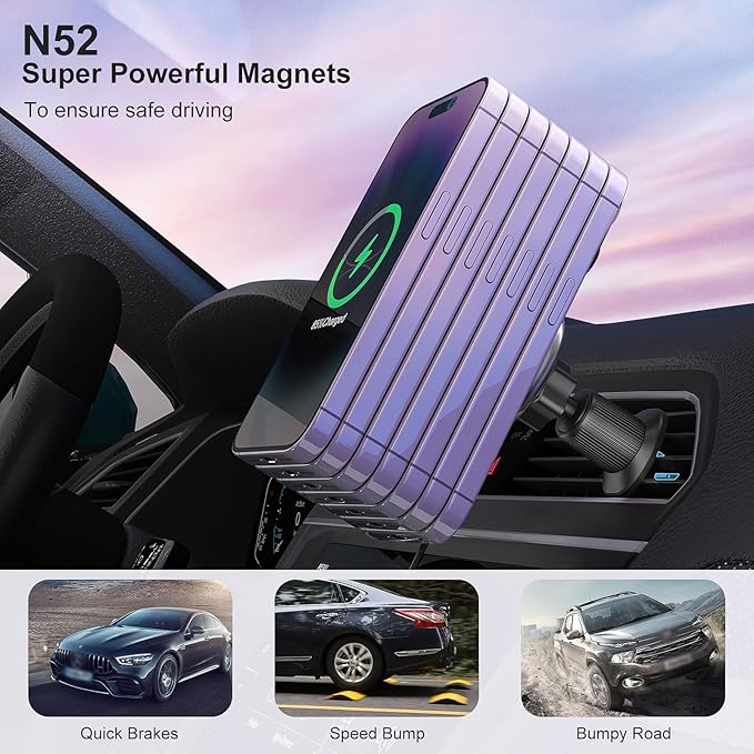 15W for Magsafe Car Mount Charger, Wireless Car Charger Magnetic Air Vent/Dashboard Fast Charging Phone Holder for iPhone 17 16 15 14 13 12 Serie Samsung
