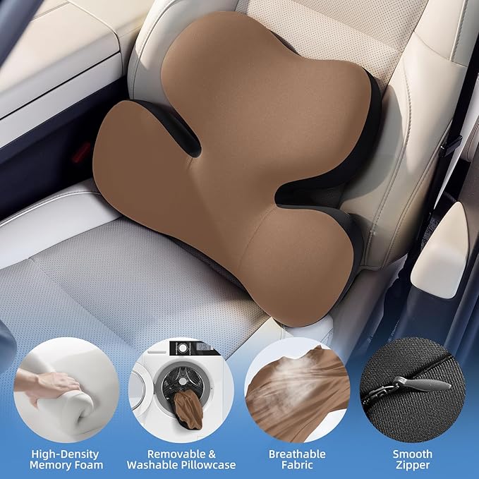 BEBAS Lumbar Support Pillow for Car, Ergonomic Memory Foam Back Cushion for Driving, Lower Back Support for Pain Relief, Lumbar Cushion for Car Seats, Office Chairs, Wheelchairs - Coffee