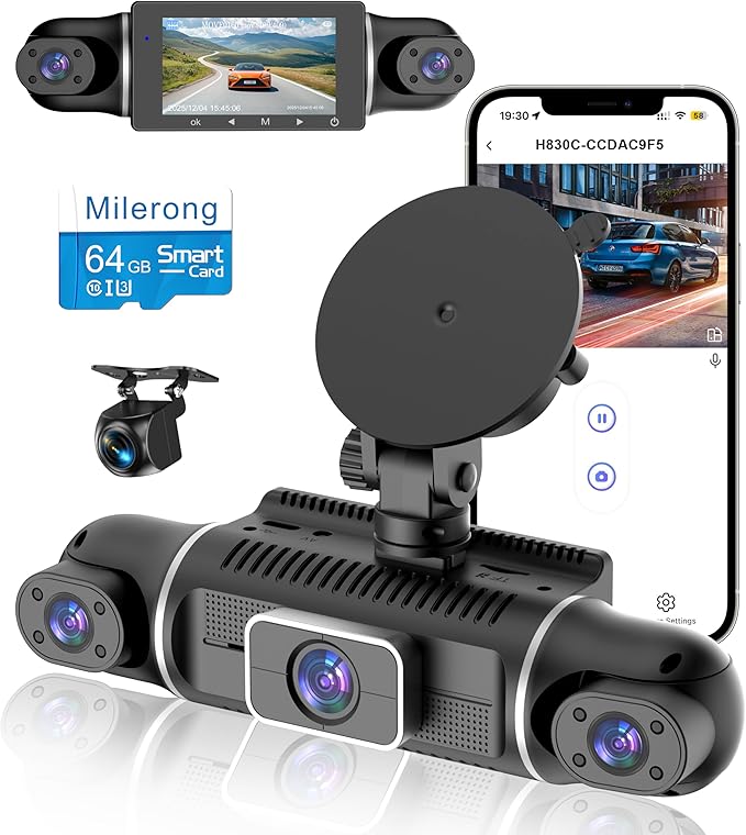 4 Channel Dash Cam Front and Rear Inside Left Right, 360° Dash Camera with 5GHz WiFi & App Control, 24H Parking Monitor, Super Night Vision, G-Sensor, Loop Recording, 64GB SD Card Included