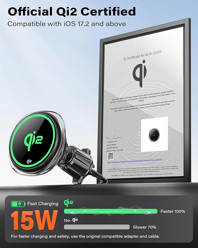 A2C Qi2 15W Wireless Car Charger CD Mount for MagSafe, Magnetic Wireless Charger Car Air Vent | CD Slot with TEC Thermoelectric Cooler Module, Fast Charging for iPhone 17 16 15 14 13 12 Series