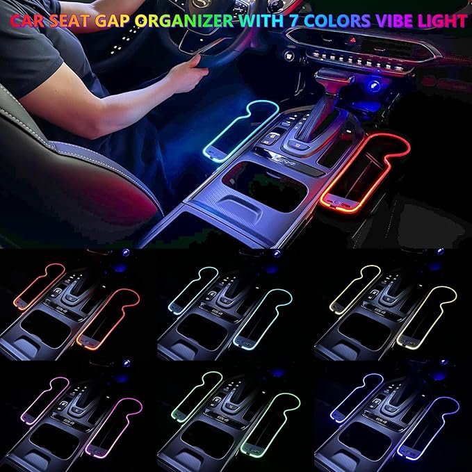 7 Colors LED Car Seat Gap Organizer Front Seat Organizer with 56W Fast Charger Center Console Gap Filler with USB Type C Charging Car Organizer with Cup Holder,LED Auto Interior Accessories (Black)