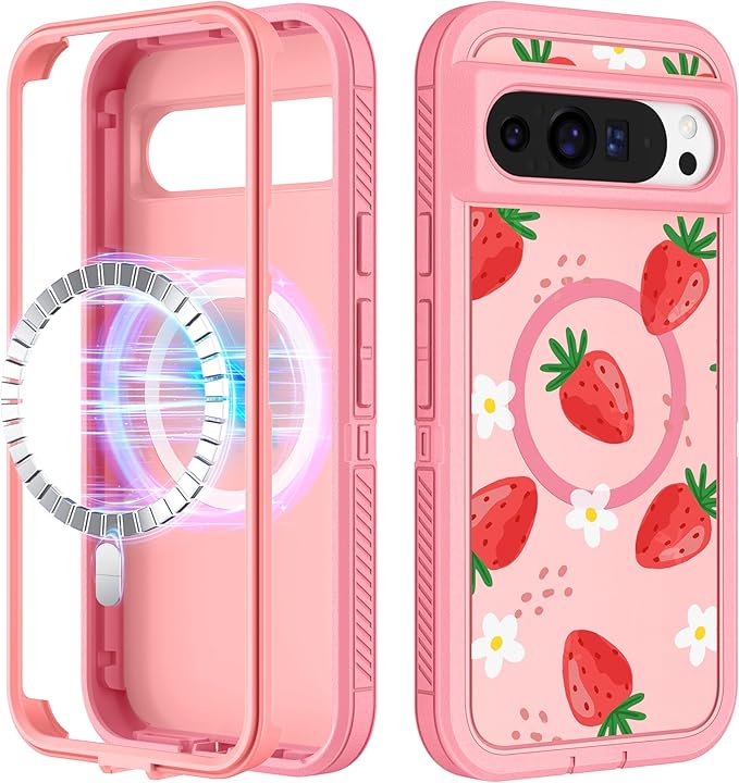 for Google Pixel 9 Pro XL Case - Compatible with MagSafe Women Cute Girls Magnetic Protective Cover Strawberry Girly Kawaii Design Heavy Duty Shockproof Phone Case for Pixel 9 Pro XL 6.8"