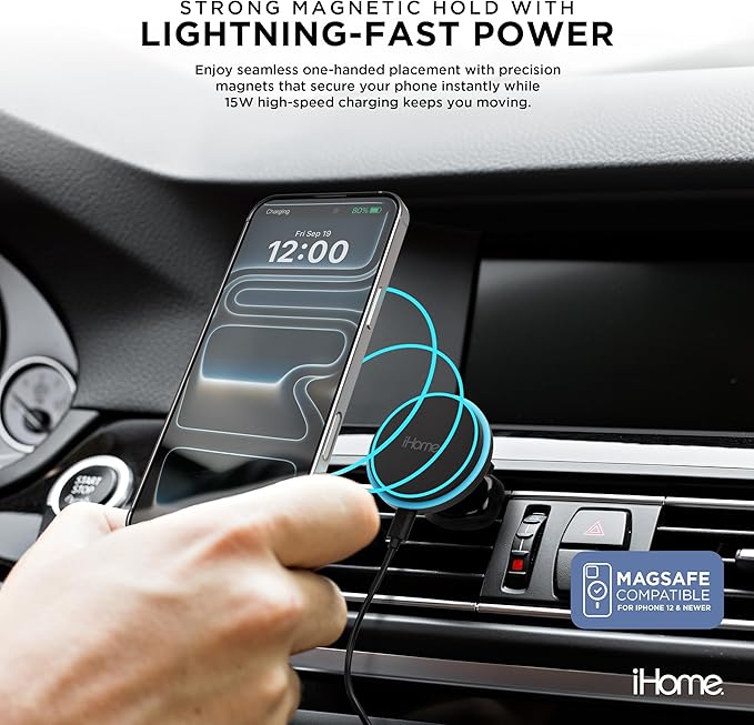 iHome 3-in-1 Magnetic Wireless Charging, Flexible Mount for Vent, Dash & Windshield, 15W Fast Charge