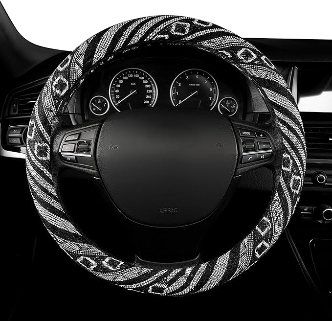 GXT 15 inch New Baja Blanket Car Steering Wheel Cover Universal Fit Most Cars Automotive Ethnic Style Coarse Flax Cloth (Black White)