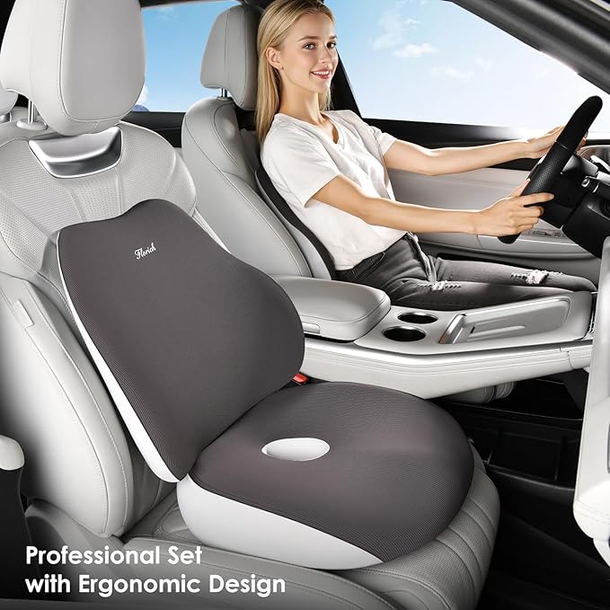 FLORICH Car Seat Cushion and Lumbar Support Pillow, Ergonomic Memory Foam Driving Seat Cushions for Back & Sciatica Pain Relief, Non-Slip Cushion for Car, Office, Truck, Wheelchair, Gaming Chair-Gray