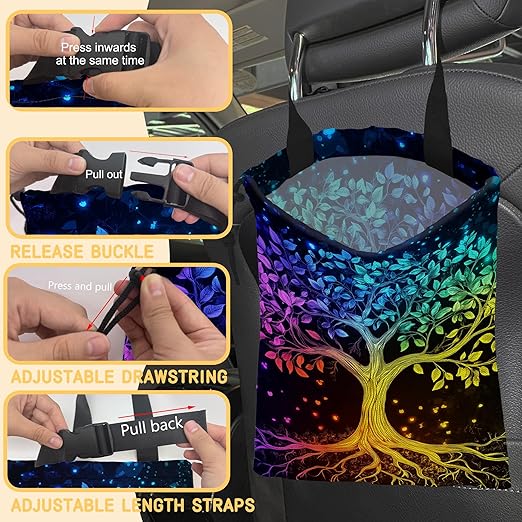 Multicolor Tree Car Garbage Bag, Small Car Trash Bag Hanging Back of Seat,Drawstring Car Trash Bag with Adjustable Buckle,Car Accessories for Camping Travelling