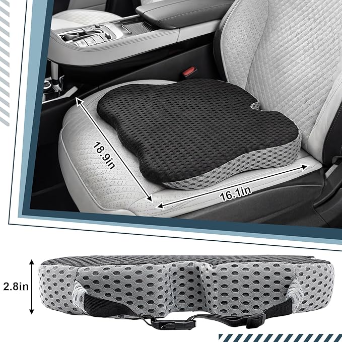 2 Pack Wedge Car Seat Cushion, Memory Foam Seat Cushion with Adjustable Strap for Car and Truck, Sciatica and Back Pain Relief, Comfort for Anti Slip and Breathable, Office, Long Drive