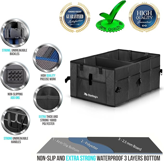 Car Trunk Organizer – Large Collapsible Storage Box with Adjustable Compartments – Heavy-Duty Cargo Organizer for SUV, Truck & Car – Non-Slip Waterproof Trunk Storage Bin for Groceries & Tools