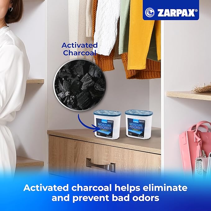 ZARPAX Moisture Absorber Activated Charcoal 18 oz/510g | Removes Moisture, Damp, Humidity & Odors | Odor Absorber | Moisture Trap for Bathroom, Closet, Kitchen & Small Spaces | Set of 4