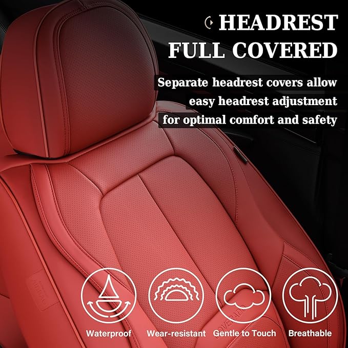 Coverado Car Seat Covers Full Set, Premium Nappa Leather Seat Covers for Car, Waterproof Car Seat Protector with Lumbar Support, Automotive Seat Covers Universal Fit for Most Cars SUV Truck, (Red)