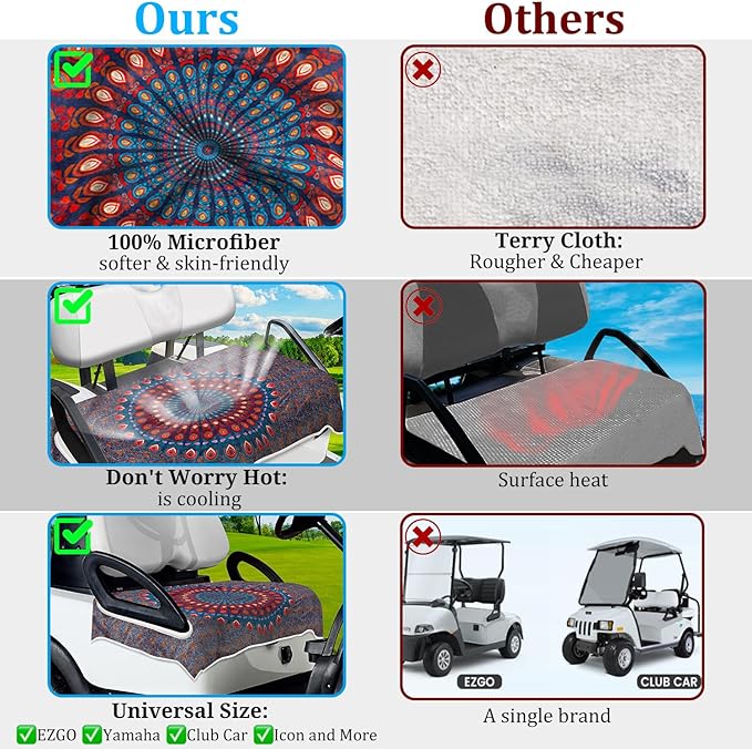 ENYORSE Golf Cart Seat Covers - Ethnic Style Golf Cart Towel Blanket for 2/4 Seater, Soft & Breathable Microfiber, Keeps Seats Cool & Comfortable, 51”x31”, Fits EZGO/Yamaha/Club Car