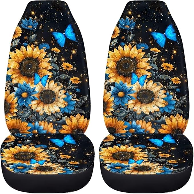 BIGCARJOB Sunflower Car Accessories Sets 2 Pcs Auto Front Seat Protector Butterfly Print Car Seat Cover Sets for Womens Girly Cute Car Interior Seat Cushion Pads