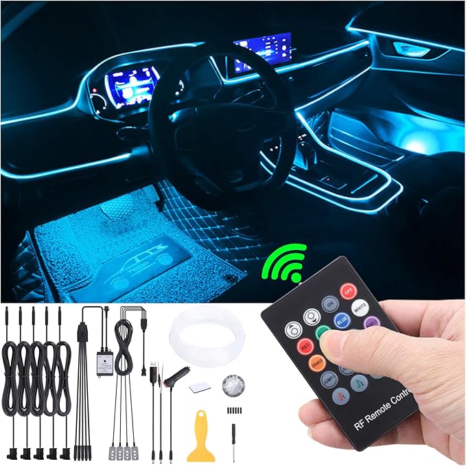 Car Atmosphere Light Kit 6m Fiber Optic Multicolor Sound Active Music Sync Memory Function RF Remote Controller Control 64 Colors USB Car Interior Footwell Ambient Lighting Kit