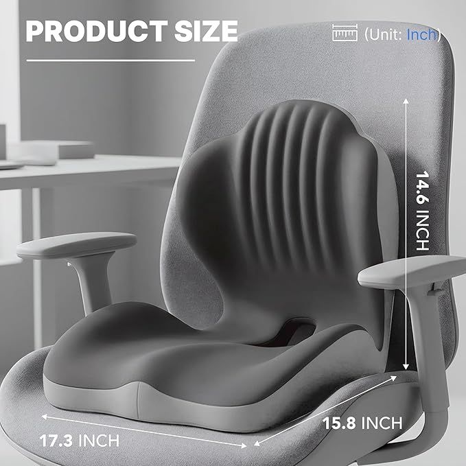 Seat Cushion, Office Chair Seat Cushions with L-Shaped Ergonomic Design, Memory Foam Seat Cushion with Coccyx Hollow, Lumbar Support Pillow & Tailbone Pain Relief for Long Sitting (Grey)