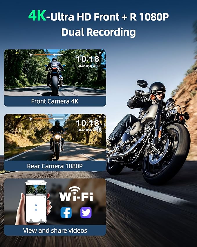 8.1" 4K Motorcycle CarPlay Screen w 4K Dash Cam Wireless Carplay Android Auto Screen for Motorcycle with GPS Navigation Voice Control WiFi Video Dual Bluetooth IPX7 Waterproof TF-64G Wired Control