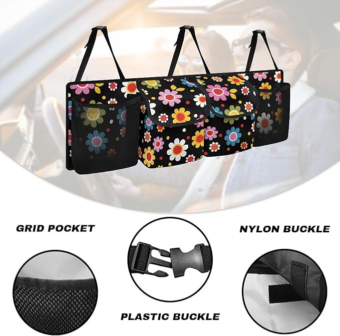 Trunk Organizer for Car Storage Organizer with 4 Pockets, Space-Saving Trunk Storage Organizer with 2 Pockets & 2 Mesh Pouches for Groceries, Hippie Floral Car Accessories for Women