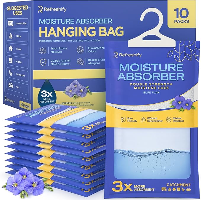 Moisture Absorbers and Humidity Absorber Bags for Closet - 10 Pack High-Efficiency Moisture Absorber and Humidity Packs for Home, Moisture Bags and Dehumidifier Bags for Car Blue Flax, 10 Pack