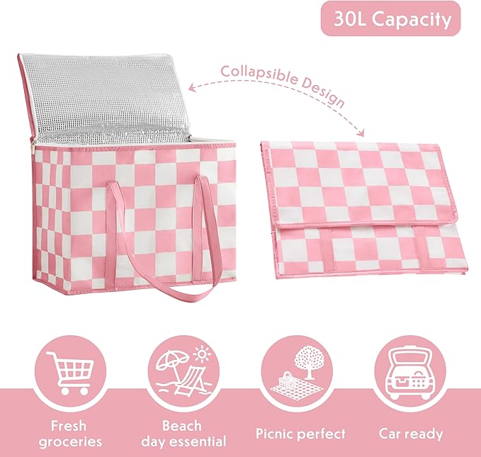 Checkered Insulated Grocery Bags 2 Pack, Checkerboard Cooler Shopping Bags for Groceries, Insulated Bags for Food Delivery