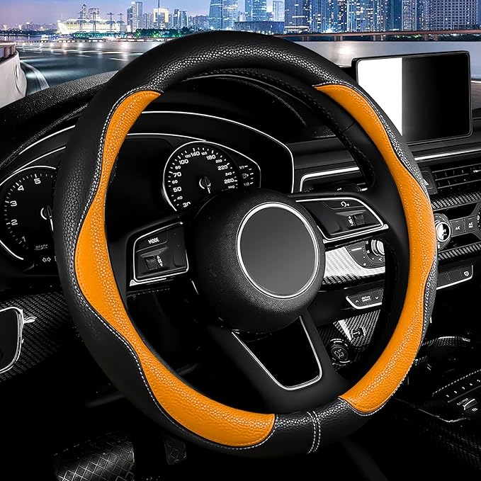 SuperKaKa Car Steering Wheel Cover 2025, Universal Auto PU Cute Breathable Slip-Proof Comfort Imitation Leather Protector Cars Interior Accessories for Women Men Fit Most Vehicle (Orange)